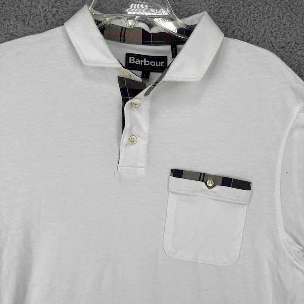 Barbour Polo Shirt Mens Large White Plaid Trim Short Sleeve Pocket Golf